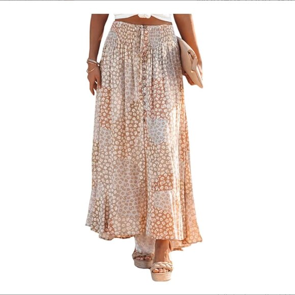 Dresses & Skirts - Women's S High Waisted Skirt Flower Print Smocked Long Skirt Casual A Line Mid S